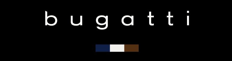 Logo von Bugatti, bestehend aus dem Schriftzug in schwarzer Schrift und drei farbigen Balken.